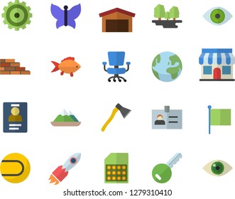 Color flat icon set brick wall flat vector, ax, fish, butterflies, forest, SIM card, store front, warehouse, rocket, cogwheel, flag, eye, badge, office chair, tennis ball, earth fector, key