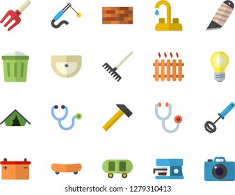 Color flat icon set brick wall flat vector, faucet, sink, stationery knife, hammer, whisk, coffee machine, pitchfork, rake, accumulator, welding, radiator, stethoscope, skateboard, tent fector, lamp