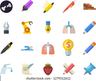 Color flat icon set brick wall flat vector, measure, faucet, rolling pin, Strawberry, robotics, marker, idea, bone fracture, lungs, ink pen, pencil, hostory roll, swimming, drawing