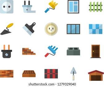 Color flat icon set brick wall flat vector, window, trowel, paint roller, Entrance door, tile, putty knife, fence, socket, plug, warehouse