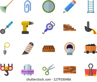 Color flat icon set brick wall flat vector, hook, drill screwdriver, ladder, construction plummet, stationery knife, spring balance, kitchen spoon, sieve, rake, mining, metallurgy, tomograph, pencil