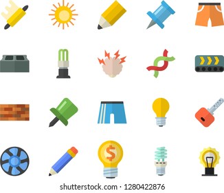 Color flat icon set brick wall flat vector, rolling pin, ventilation, lamp, conveyor, energy saving, idea, DNA, drawing, pencil, brainstorm, athletic shorts, sun fector, key
