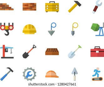 Color flat icon set brick wall flat vector, hook, concrete mixer, trowel, tool bag, hard hat, repair, construction plummet, hammer, shovel, crane, wrench, Treadmill