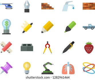 Color flat icon set brick wall flat vector, measure, faucet, rolling pin, Strawberry, pickup truck, robotics, dividers, marker, idea, helicopter, lungs, drawing, ink pen, pencil, bulb, hoop