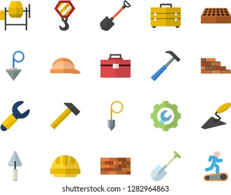 Color flat icon set brick wall flat vector, hook, concrete mixer, trowel, tool bag, hard hat, repair, construction plummet, hammer, shovel, wrench, Treadmill