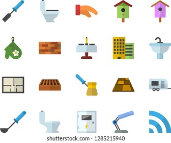 Color flat icon set brick wall flat vector, sink, toilet, house layout, skyscraper, switch box, flooring, potholder, ladle, kitchen spatula, turk, nesting, reading lamp, trailer fector, broadcast
