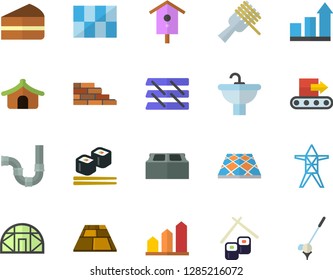 Color flat icon set brick wall flat vector, sink, pipes, tile, flooring, spaghetti on a fork, piece of cake, fish rolls, nesting box, greenhouse, power line support, conveyor, paper tray, golf