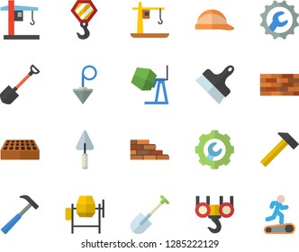 Color flat icon set brick wall flat vector, hook, concrete mixer, trowel, hard hat, repair, putty knife, construction plummet, hammer, shovel, crane, Treadmill