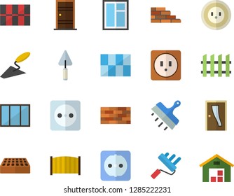 Color flat icon set brick wall flat vector, window, trowel, paint roller, Entrance door, sockets, tile, putty knife, fence, socket, warehouse