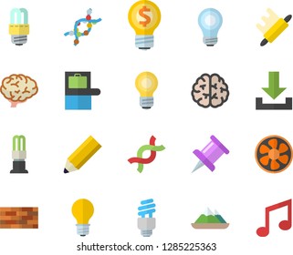 Color flat icon set brick wall flat vector, energy saving lamp, rolling pin, ventilation, idea, DNA, drawing, pencil, bulb, fector, brain, baggage claim, mountains, download, note