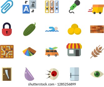 Color flat icon set brick wall flat vector, color scheme, Entrance door, fridge, ear, garlic, cucumber, store front, express delivery, artificial insemination, clip, electronic circuit, pills, lock