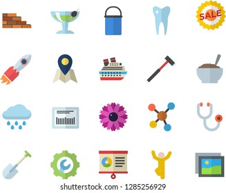 Color flat icon set brick wall flat vector, repair, ax, hiking pot, porridge, flower, shovel, rain, rocket, sell out, barcode, stethoscope, molecules, tooth, chart, gymnastics, cocktail fector