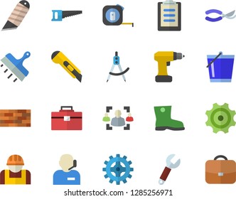 Color flat icon set brick wall flat vector, drill screwdriver, tape measure, tool bag, putty knife, stationery, saw, secateurs, bucketful, gumboots, cogwheel, construction worker, dividers, wrench