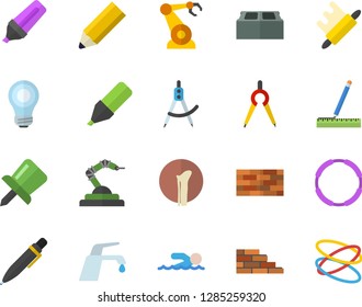 Color flat icon set brick wall flat vector, measure, faucet, rolling pin, robotics, dividers, marker, bone fracture, drawing, pen, pencil, bulb, swimming, hoop