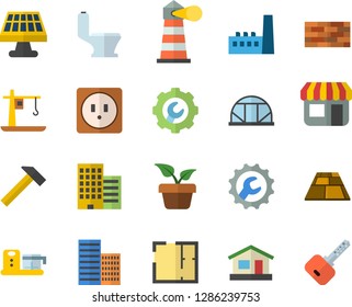 Color flat icon set brick wall flat vector, toilet, house layout, sockets, skyscraper, repair, flooring, hammer, food processor, home plant, greenhouse, solar battery, manufactory, crane, lighthouse