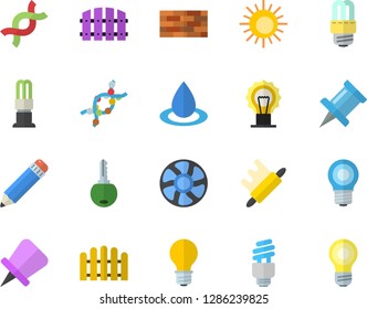 Color flat icon set brick wall flat vector, energy saving lamp, rolling pin, fence, ventilation, drop, DNA, pencil, fector, sun, drawing, key