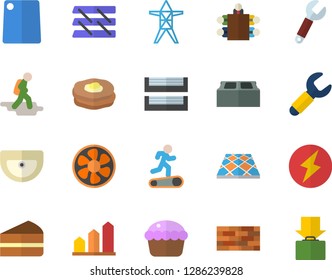 Color flat icon set brick wall flat vector, sink, flooring, cutting board, cupcake, piece of cake, pancakes, ventilation, power line support, wrench, meeting, paper tray, lightning, Treadmill