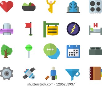 Color flat icon set brick flat vector, electric stove, salad, lollipop, tree, signboard, funnel, chat, hospital bed, calendar, office building, printer, satellit, lightning, cogwheel, sports flag