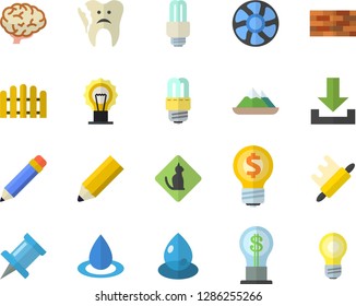 Color flat icon set brick wall flat vector, energy saving lamp, rolling pin, fence, ventilation, drop, idea, broken tooth, pencil, fector, brain, pets allowed, mountains, download, drawing