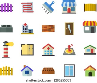 Color flat icon set brick wall flat vector, window, house layout, Entrance door, putty knife, fence, warm floor, store front, lighthouse, hospital