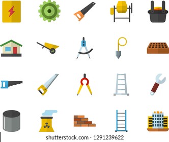 Color flat icon set brick wall flat vector, concrete mixer, wheelbarrow, saw, ladder, switch box, construction plummet, house, pipe production, dividers, wrench, metallurgy, cogwheel, hotel fector
