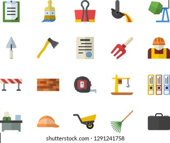 Color flat icon set brick wall flat vector, concrete mixer, trowel, tape measure, hard hat, ax, barrier, pitchfork, paint brush, rake, garden wheelbarrow, construction worker, crane, metallurgy