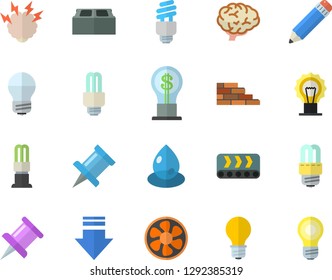 Color flat icon set brick wall flat vector, energy saving lamp, ventilation, conveyor, drop, idea, drawing pin, pencil, fector, brainstorm, brain, download