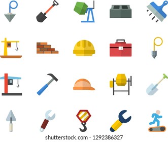 Color flat icon set brick wall flat vector, hook, concrete mixer, trowel, tool bag, hard hat, putty knife, construction plummet, hammer, shovel, crane, wrench, Treadmill