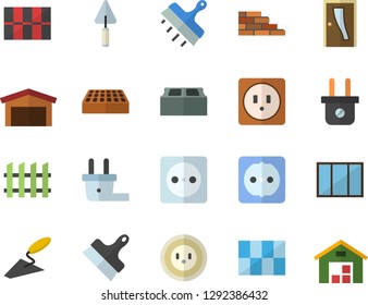 Color flat icon set brick wall flat vector, window, trowel, Entrance door, sockets, tile, putty knife, fence, socket, plug, warehouse