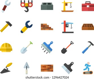 Color flat icon set brick wall flat vector, hook, trowel, tool bag, hard hat, putty knife, hammer, shovel, crane, wrench, Treadmill