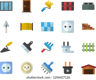 Color flat icon set brick wall flat vector, window, trowel, paint roller, Entrance door, sockets, tile, putty knife, fence, socket, plug, warehouse