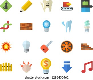 Color flat icon set brick wall flat vector, energy saving lamp, fence, ventilation, conveyor, idea, DNA, broken tooth, pencil, brainstorm, baggage claim fector, sun, pets allowed, download, key