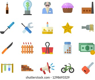 Color flat icon set brick wall flat vector, tool, ladle, knives, sauce, spaghetti on a fork, cupcake, cake, manufactory, radiator, cash, idea, mouthpiece, scientist, beakers, bicycle, vitamins, key