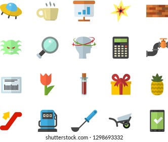 Color flat icon set brick wall flat vector, ladle, pineapple, garden wheelbarrow, tulip, main pipeline, refueling, present, barcode, blood test, virus, headache, coffee, chart, spark, magnifier, ufo