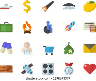 Color flat icon set brick wall flat vector, saw, calculator, potholder, electric stove, lemon, fish, bonfire, grocery trolley, rocket, dollar, pills, disabled, diagnostics, satellit, medal, yacht