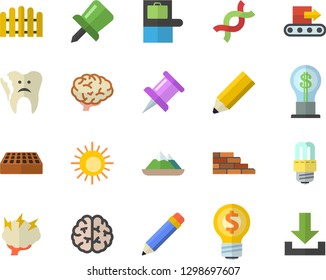 Color flat icon set brick wall flat vector, energy saving lamp, fence, conveyor, idea, DNA, broken tooth, drawing pin, pencil, brainstorm, brain, baggage claim fector, sun, mountains, download