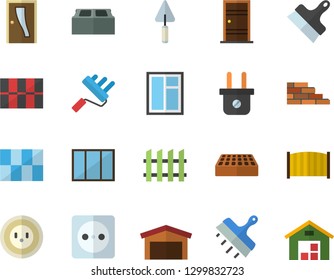 Color flat icon set brick wall flat vector, window, trowel, paint roller, Entrance door, tile, putty knife, fence, socket, plug, warehouse