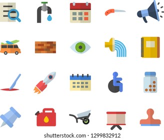 Color flat icon set brick wall flat vector, knife, hose irrigation, garden wheelbarrow, water tap, canister, rocket, flipchart, mouthpiece, disabled, eye, scalpel, magnifier, notebook, pushpin