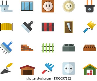 Color flat icon set brick wall flat vector, window, trowel, paint roller, Entrance door, sockets, tile, putty knife, fence, socket, plug, warehouse