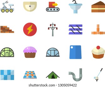 Color flat icon set brick wall flat vector, sink, pipes, tile, flooring, cutting board, cupcake, piece of cake, greenhouse, power line support, conveyor, paper tray, lightning, lunar rover, golf