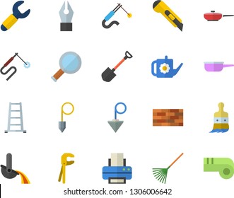 Color flat icon set brick wall flat vector, tool, construction plummet, stationery knife, frying pan, saute, shovel, paint brush, rake, watering can, ladder, welding, wrench, metallurgy, ink pen