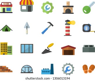 Color flat icon set brick wall flat vector, window, trowel, tape measure, skyscraper, repair, hammer, grain warehouse, greenhouse, fireplace, manufactory, store front, lighthouse, tent fector, key