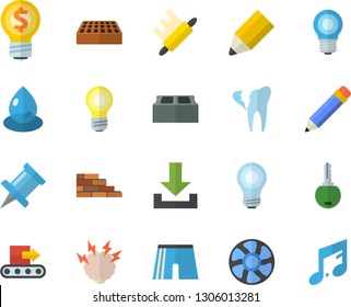 Color flat icon set brick wall flat vector, rolling pin, ventilation, lamp, conveyor, drop, idea, broken tooth, pencil, bulb, brainstorm, athletic shorts, download, drawing, key, note