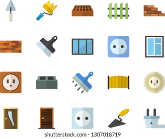 Color flat icon set brick wall flat vector, window, trowel, paint roller, Entrance door, sockets, putty knife, fence, socket, plug