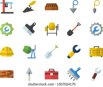 Color flat icon set brick wall flat vector, concrete mixer, trowel, tool bag, hard hat, repair, putty knife, construction plummet, shovel, crane, wrench