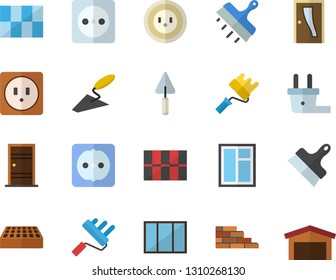 Color flat icon set brick wall flat vector, window, trowel, paint roller, Entrance door, sockets, tile, putty knife, socket, plug, warehouse