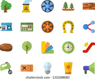 Color flat icon set brick wall flat vector, color scheme, energy saving lamp, mixer, coffee machine, cutlet, tree, horseshoe, ventilation, forest, calendar, clock, nuclear power plant, ticket, share