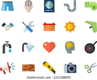Color flat icon set brick wall flat vector, tool, shower, pipes, stationery knife, teflon, water tap, sun, accumulator, mouthpiece, heart, agreement, brain fector, athletic shorts, whistle, passport