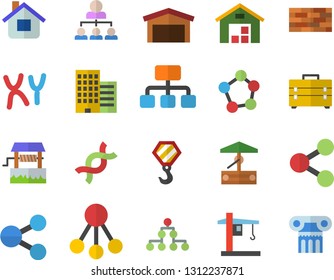 Color flat icon set brick wall flat vector, hook, tool bag, skyscraper, well, house, crane, warehouse, hierarchy, molecules, DNA, chromosomes, classification, antique column fector