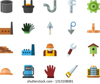 Color flat icon set brick wall flat vector, trowel, saw, pipes, hard hat, construction plummet, nesting box, gloves, refueling, manufactory, cogwheel, worker, pipe production, wrench, metallurgy